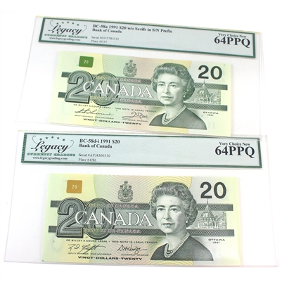 Pair of BC-58 1991 Canada $20 Note Varieties, Legacy Certified CUNC-64 PPQ, 2Pcs