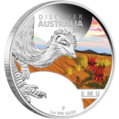 2013 Discover Australia 1oz $1.00 Silver Proof Emu Coin- Tax Exempt.