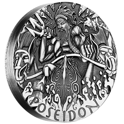 2014 Tuvalu $2 Gods of Olympus - Poseidon 2oz Antique Silver (No Tax) missing COA