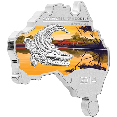 2014 Australia $1 Map Shaped - Salt Water Crocodile Fine Silver (No Tax)