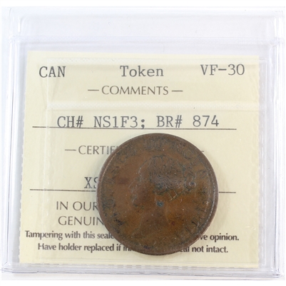 NS-1F3 1843 Nova Scotia Halfpenny Token ICCS Certified VF-30 (BR #874)