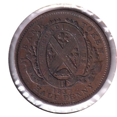 LC-8A1 1837 Lower Canada, City Bank Half Penny Bank Token, VG-F (VG-10) 