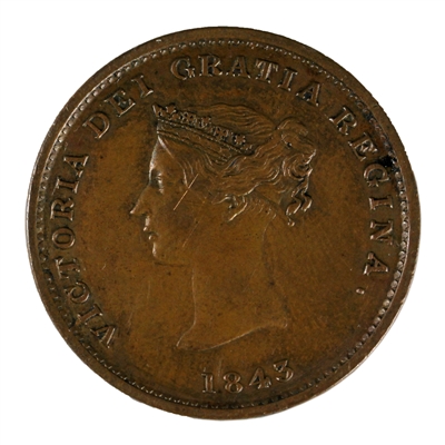 NB-1A1 1843 New Brunswick Victoria Dei Gratia Regina Half Penny Token EF-AU (EF-45) $