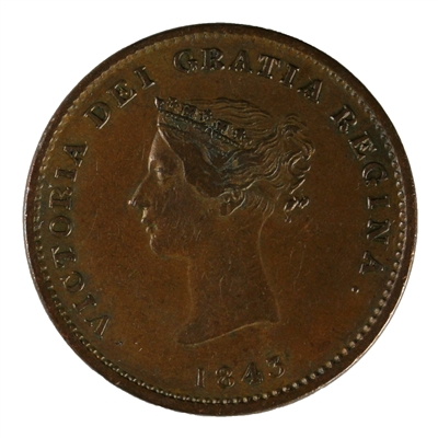 NB-1A2 1843 New Brunswick Victoria Dei Gratia Regina Half Penny Token Extra Fine (EF-40) $