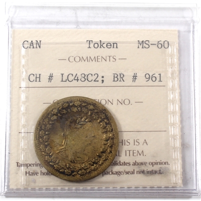 LC-48C2 1812 Lower Canada Clockwise, Brass Token ICCS Certified MS-60 BR# 961