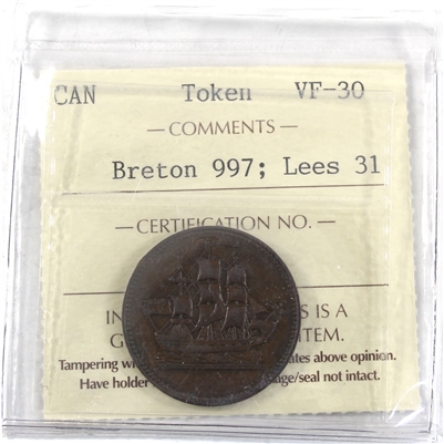 BR-997 Ships Colonies & Commerce Token ICCS Certified VF-30 Lees 31