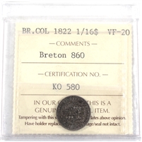BR-860 1822 British Colonies 1/16 Dollar ICCS Certified VF-20