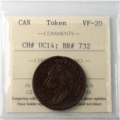 UC-14 1832 Upper Canada Engrailed Half Penny Token ICCS Certified VF-20 BR# 732