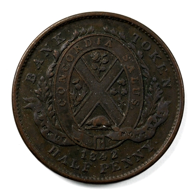 PC-1A3 1842 Province of Canada Bank of Montreal Half Penny Bank Token, Extra Fine (EF-40)