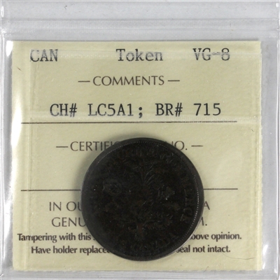 LC-5A1 (1838) Lower Canada Banque du Peuple Un Sou Token ICCS Certified VG-8 BR# 715