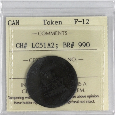 LC-51A2 1814 Lower Canada Richard Hurd Half Penny Token ICCS Certified F-12 BR# 990