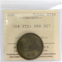 FT-2 (1857) Hudson's Bay Fur Trade 1/2 Made Beaver Token ICCS Certified EF-40 BR #927