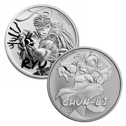 Pair of 2022 Tuvalu $5 Street Fighter: Ryu & Chun Li 1oz Silver Coins (No Tax). 2pcs