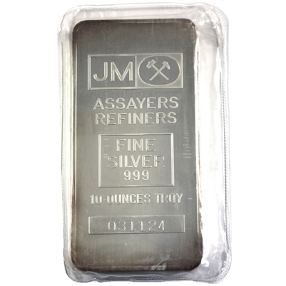 Johnson Matthey 10oz Fine Silver Bar, Blank Back, <50,000 Made (No Tax) Lightly toned