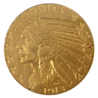 1913 USA $5 Gold Half Eagle Almost Uncirculated (AU-50) Scratched