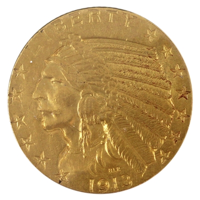 1913 USA $5 Gold Half Eagle Almost Uncirculated (AU-50) Scratched