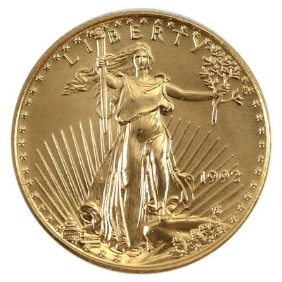 1992 USA $5 Gold Eagle (1/10oz. Gold Content) with CoA in Case (Box lightly damaged)