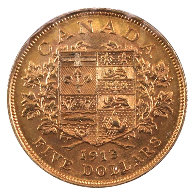 1913 Canada $5 Gold Almost Uncirculated (AU-50) $