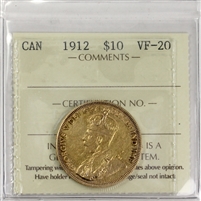 1912 Canada $10 Gold ICCS Certified VF-20