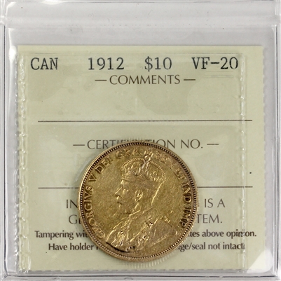 1912 Canada $10 Gold ICCS Certified VF-20