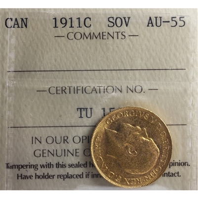 1911C Canada Gold Sovereign ICCS Certified AU-55