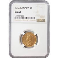 1912 Canada $5 Gold NGC Certified MS-61