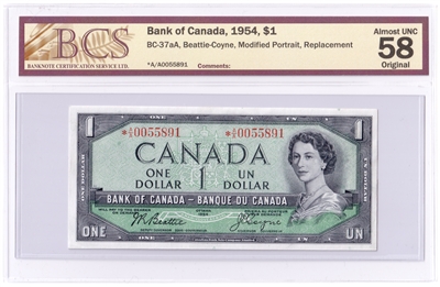 BC-37aA 1954 Canada $1 Beattie-Coyne, Replacement, *A/A, BCS Cert. AU-58, Original