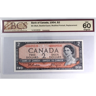 BC-38aA 1954 Canada $2 B-C, Modified Portrait, Replacement, *A/B, UNC-60, Original