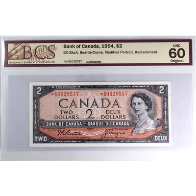 BC-38aA 1954 Canada $2 B-C, Modified, Replacement, *A/B, BCS Certified UNC-60 Original