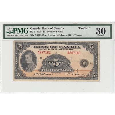 BC-5 1935 Canada $5 Osborne-Towers, English, PMG Certified VF-30