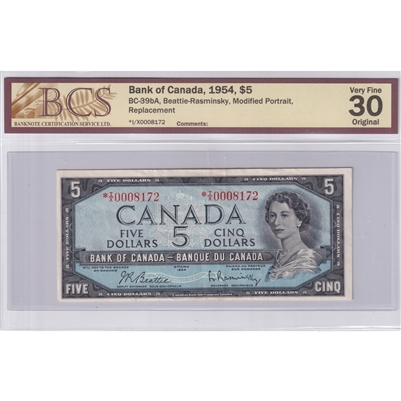 BC-39bA 1954 Canada $5 B-R, Mod. Portrait, Replacement, *I/X, BCS Cert VF-30, Orig