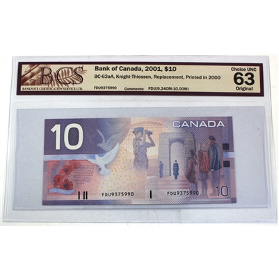 BC-63aA 2001 Canada $10 K-T, Printed in 2000, FDU (9.240M-10.00M), BCS CUNC-63, Orig