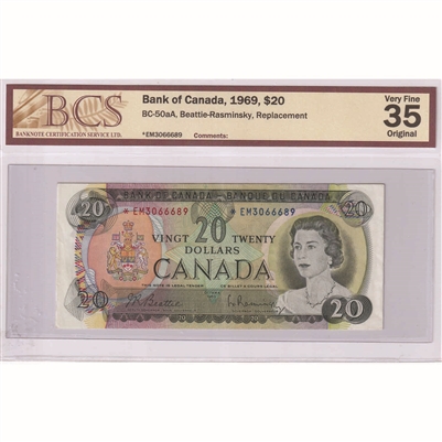 BC-50aA 1969 Canada $20 Beattie-Rasminsky, *EM, BCS Certified VF-35 Original