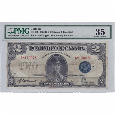 DC-26h 1923 Dominion $2 McCavour-Saunders, Blue Seal Group 2, PMG Cert. Choice VF-35