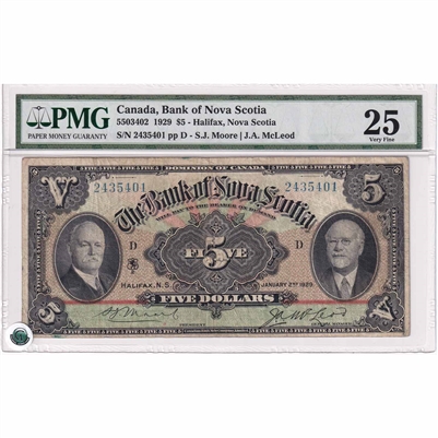 550-34-02 1929 Bank of Nova Scotia $5 Moore-McLeod, PMG Cert. VF-25