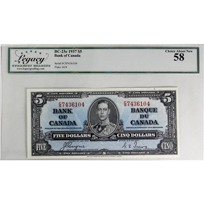 BC-23c 1937 Canada $5 Coyne-Towers, C/S Legacy Certified AU-58