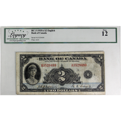 BC-3 1935 Canada $2 Osborne-Towers, English, Check Letter A Legacy Certified F-12