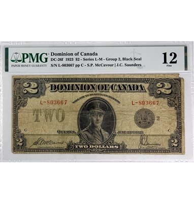 DC-26f 1923 Dominion $2 M-S, Black Seal, Group 2, Series L-M, Check C, PMG Certified F-12