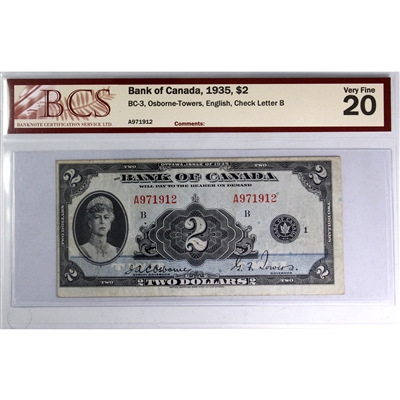 BC-3 1935 Canada $2 Osborne-Towers, English, Check Letter B, BCS Certified VF-20