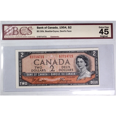 BC-30b 1954 Canada $2 Beattie-Coyne, Devil's Face, E/B BCS Certified EF-45 Original