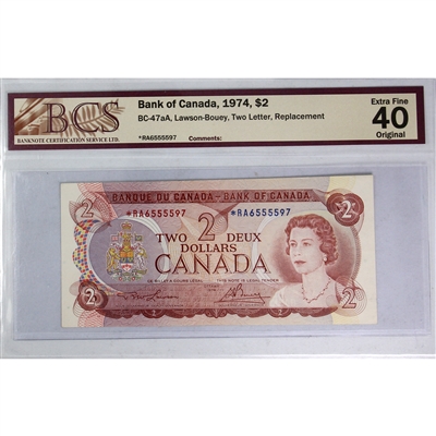 BC-47aA 1974 Canada $2 L-B, Two Letter, Replacement, *RA BCS Certified EF-40 Original