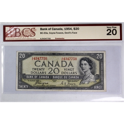 BC-33a 1954 Canada $20 Coyne-Towers, Devil's Face, A/E BCS Certified VF-20