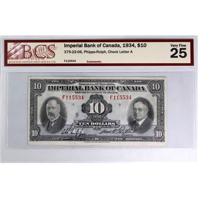 375-22-06 1934 Imperial Bank $20 Phipps-Rolph, Check Letter A BCS Certified VF-25