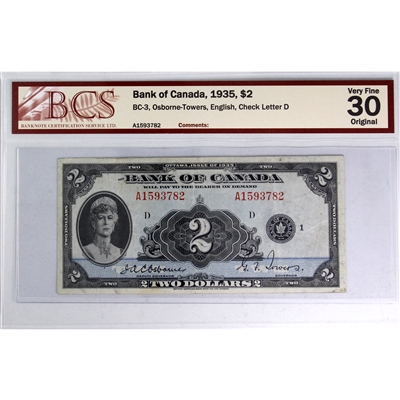 BC-3 1935 Canada $2 Osborne-Towers, English, Check Letter D BCS Certified VF-30 Original