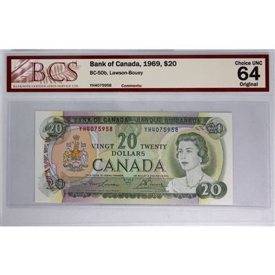 BC-50b 1969 Canada $20 Lawson-Bouey, YH BCS Certified CUNC-64 Original