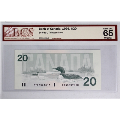 BC-58a-i 1991 Canada $20 Thiessen-Crow, EIN BCS Certified GUNC-65 Original