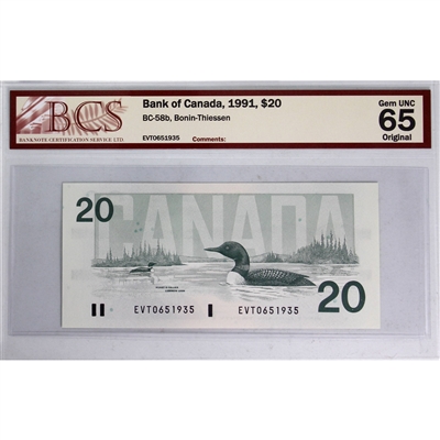 BC-58b 1991 Canada $20 Bonin-Thiessen, EVT BCS Certified GUNC-65 Original