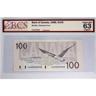 BC-60a 1988 Canada $100 Thiessen-Crow, AJV BCS Certified CUNC-63 Original