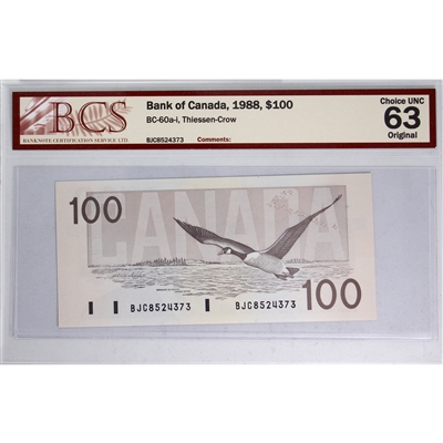 BC-60a-i 1988 Canada $100 Thiessen-Crow, BJC BCS Certified CUNC-63 Original