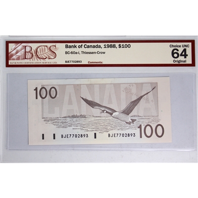 BC-60a-i 1988 Canada $100 Thiessen-Crow, BJE BCS Certified CUNC-64 Original